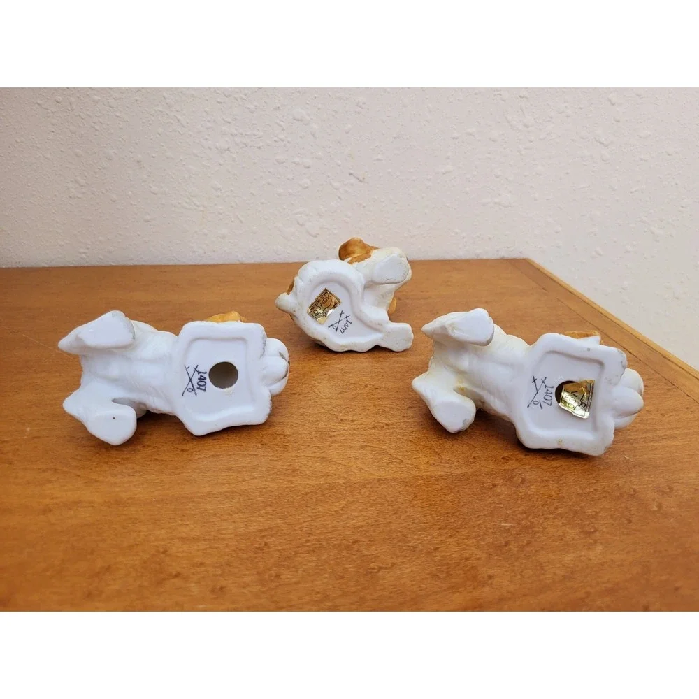 Set of 3 Vintage Homco Porcelain Bisque Spaniel Puppies #1407 Stamped w/ Sticker
